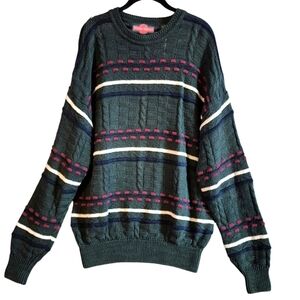 Vintage Stone Haven Men's Large USA Cotton Ramie Chunky Knit Green/Red Sweater